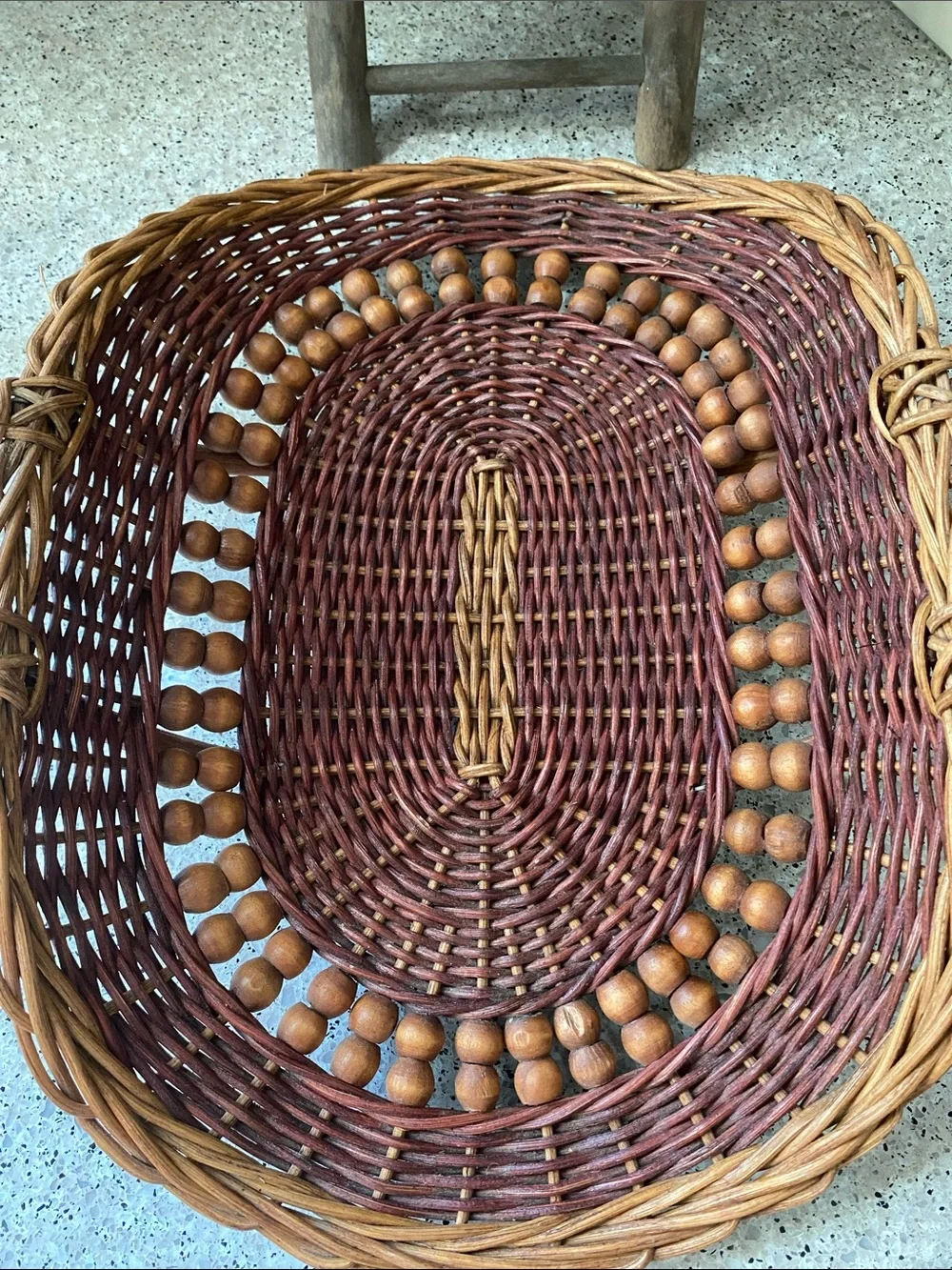 Vintage Hand-Woven Wicker & Rattan Gathering Basket